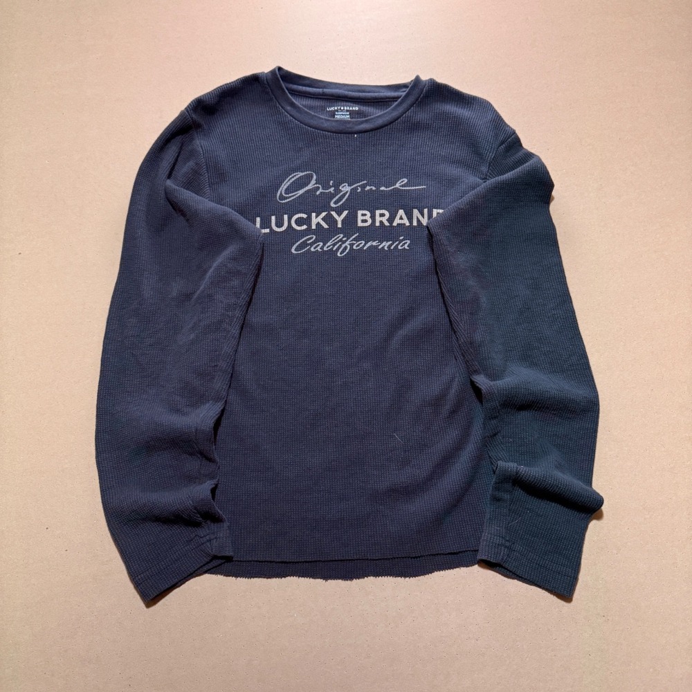 Lucky Brand Thermal Sleep Shirt Medium Blue Excellent Graphic Waffle Knit